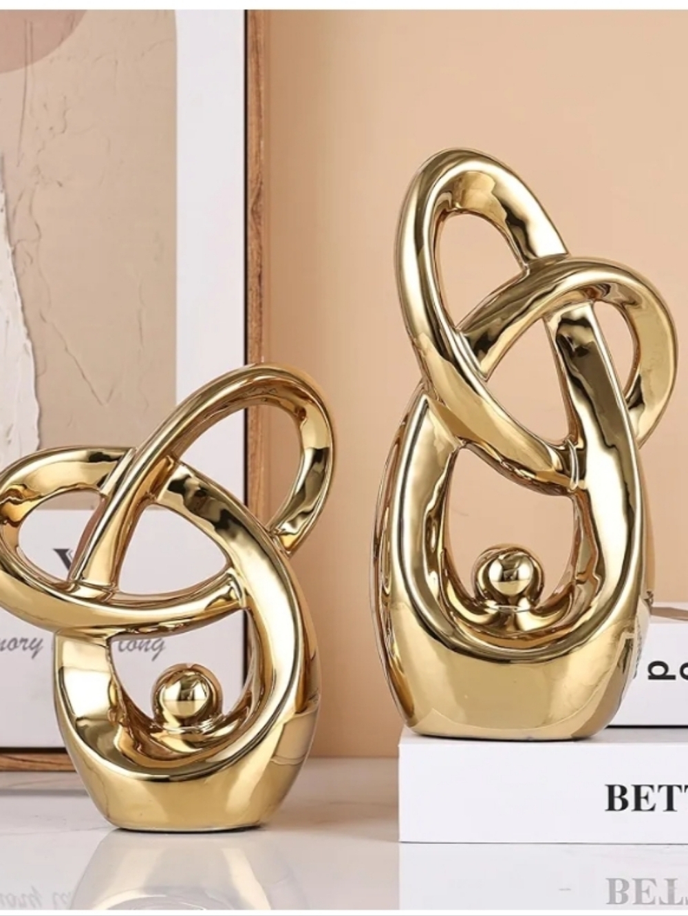 NEW Pair of Abstract Sculptures in Shiny Gold Finish Art Home Decor.